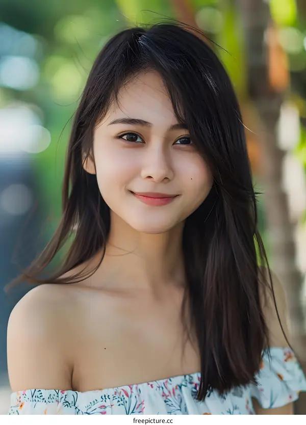 Smiling Asian Woman Portrait With Long Black Hair