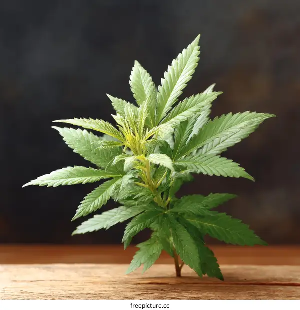 Young Cannabis Plant on Wooden Surface