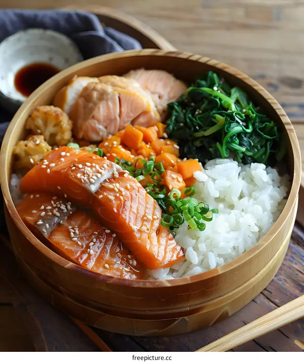 A delicious and healthy meal of salmon, spinach, cauliflower, carrots, and rice.