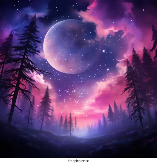 Fantasy landscape with a large moon and a starry sky