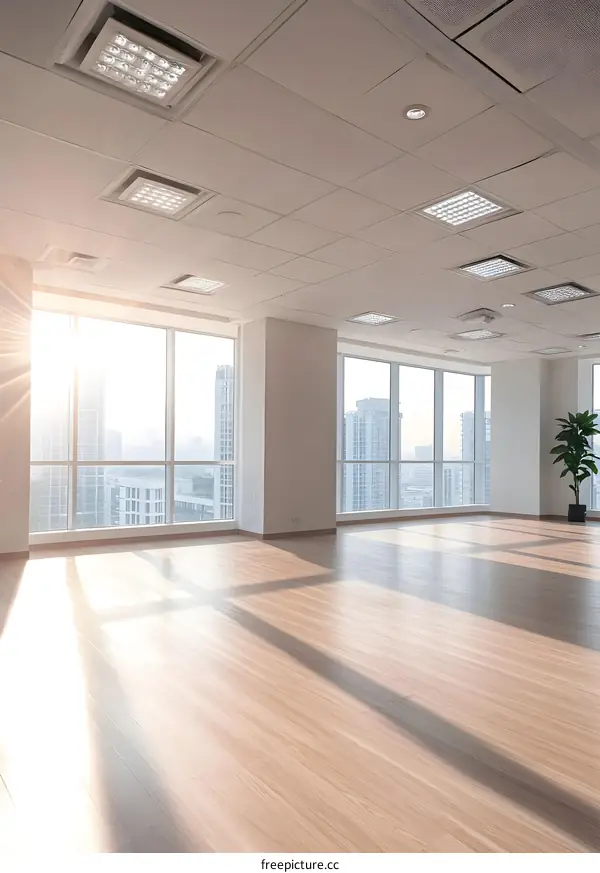 Modern Office Interior With Floor to Ceiling Windows and Sunlight