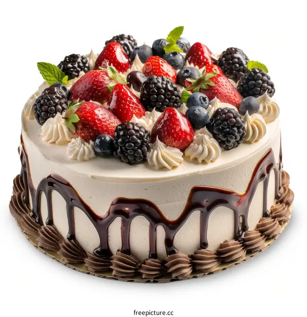 A cake with strawberries, blueberries, and blackberries on top