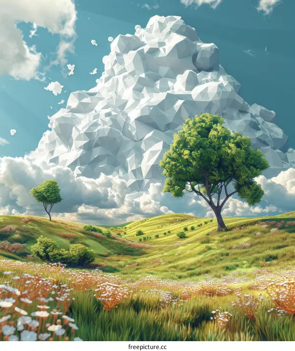 Geometric Cloud Over a Lush Meadow Landscape