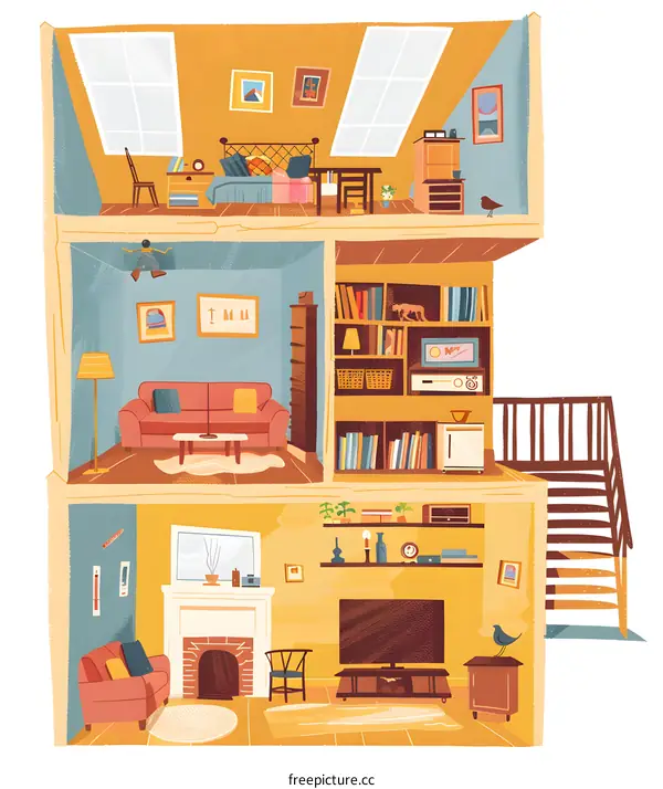 Cartoon Illustration of a Three Story House Interior Design
