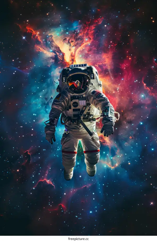 Astronaut in spacesuit with reflection of nebula and stars