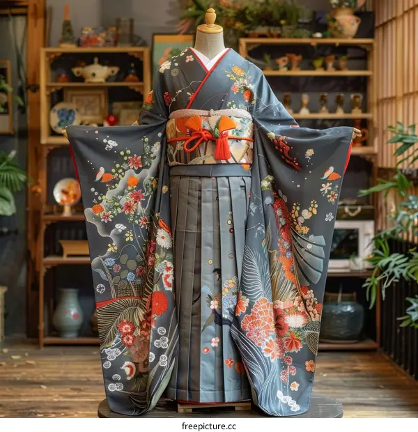 A Japanese woman wearing a grey kimono with orange obi