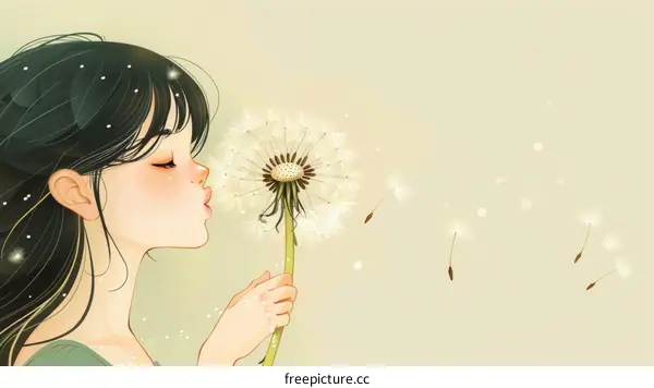 A girl is blowing a dandelion