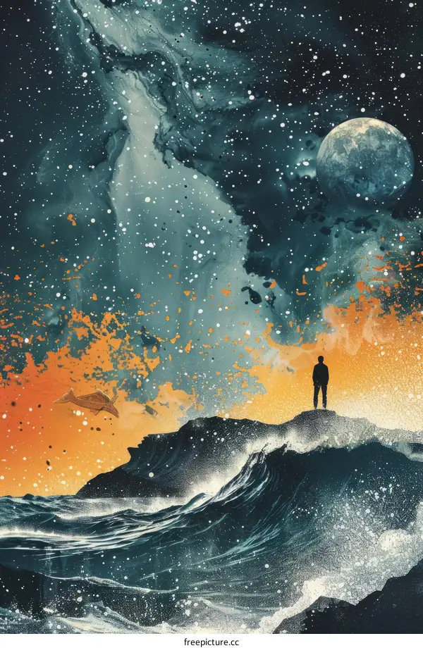 man standing on a cliff watching a meteor shower over the ocean