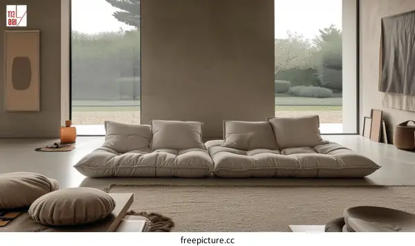 A minimalist living room with a large comfortable sofa
