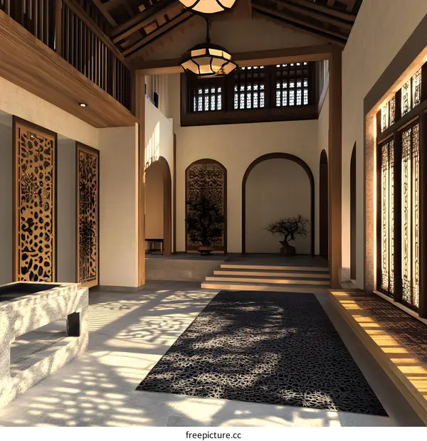 Modern Asian Home Interior Design with Wooden Beams and a Black Rug