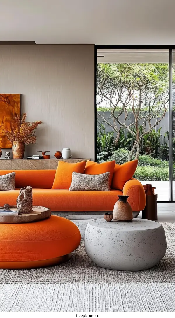 Modern Living Room with Orange Sofa and Concrete Coffee Table