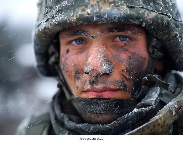 Portrait of a male soldier with blue eyes and a camouflage helmet in the snow