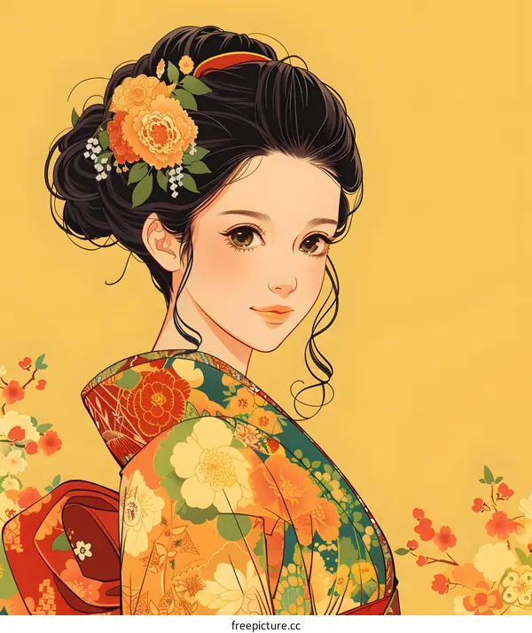 A beautiful Japanese woman in a kimono with flowers in her hair