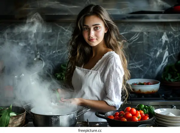 Young Caucasian Woman Cooking Italian Pasta in a Kitchen