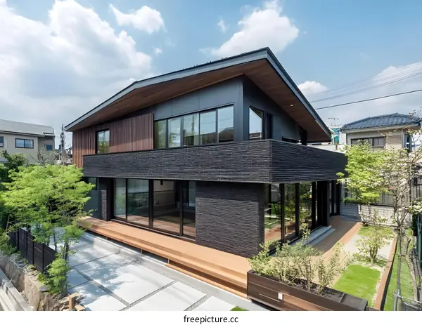 Modern Japanese House with Black Brick Walls and Wooden Deck
