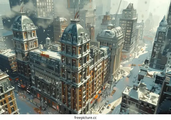 Snowy Cityscape with Numerous Buildings and People