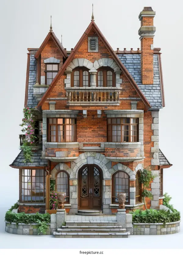 Vintage Brick House Exterior Design Illustration