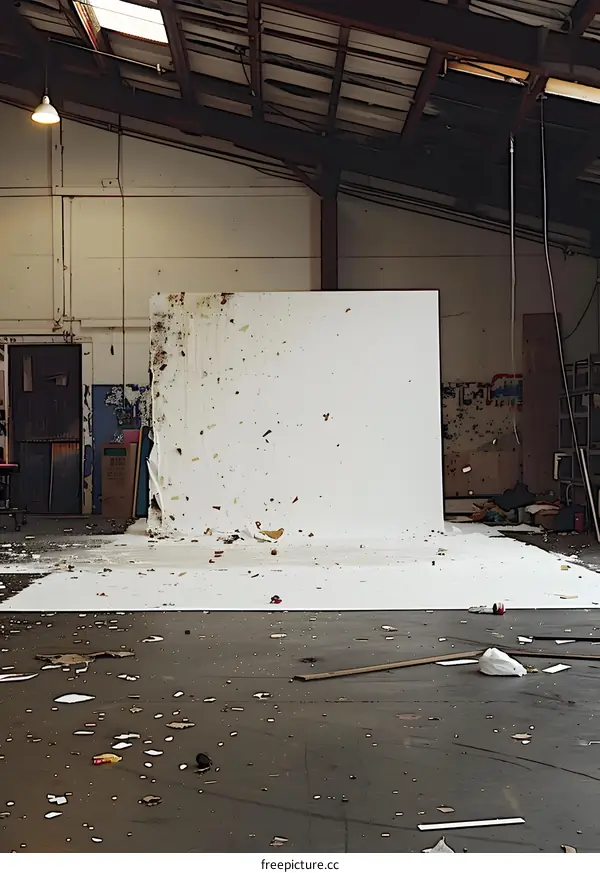 White Wall With Debris In Empty Factory