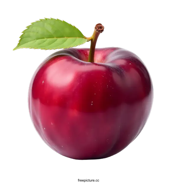 [Transparent Background PNG]Close up of a red plum with a leaf
