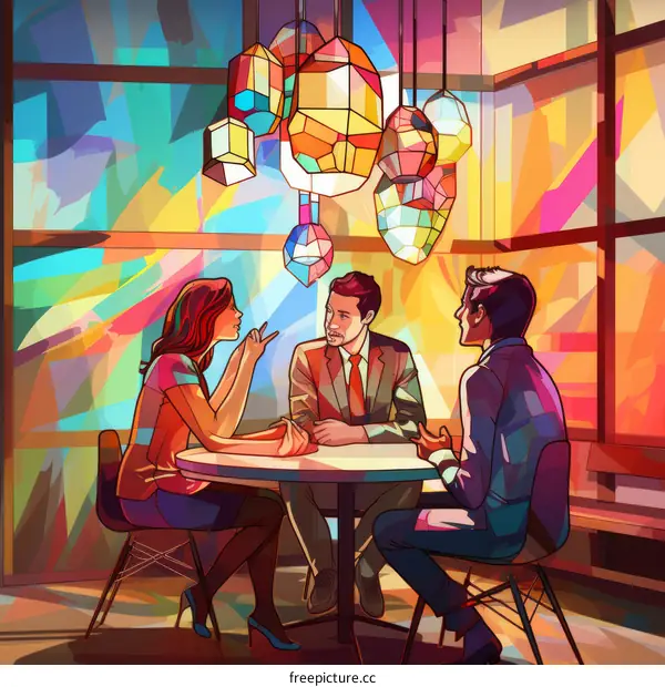 Three business people are sitting at a table having a meeting