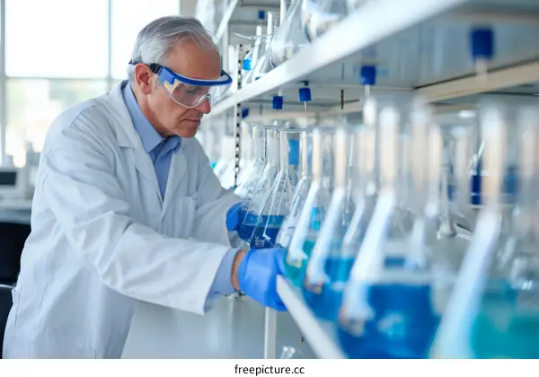 Scientist wearing protective eyewear and gloves working in a laboratory