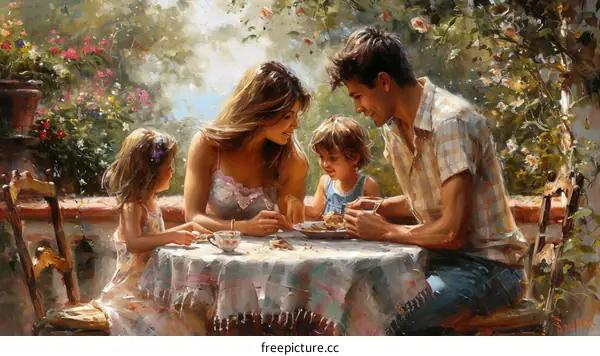 Happy family enjoying a meal together in the garden