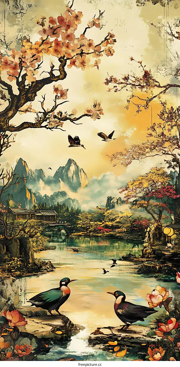 Tranquil Watercolor Painting of a Scenic Landscape with Flowers and Birds