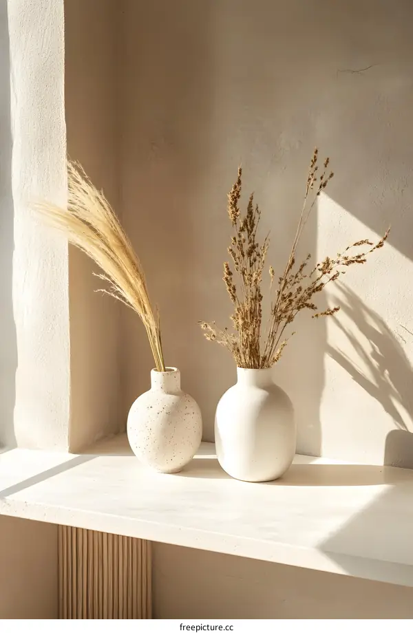 Dried Flowers in Vases on a Shelf with Sunlight