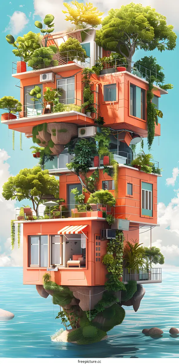 Floating House with Plants and Trees