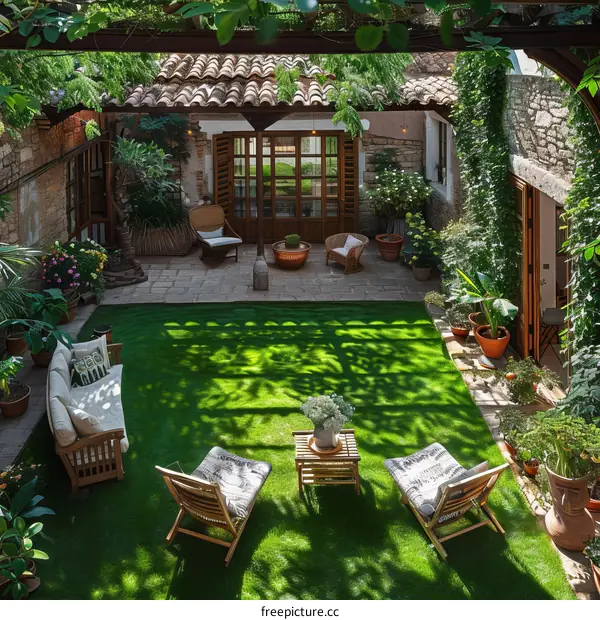 Courtyard with green lawn and comfortable furniture