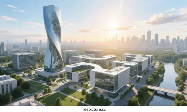 Modern Twisted Skyscraper with Surrounding Contemporary Office Buildings