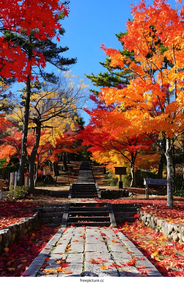 Vibrant autumn leaves and stone steps in a Japanese garden