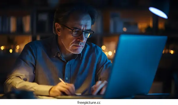 Man Working on Laptop at Night