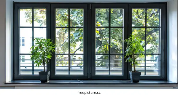 Black Framed Windows with Potted Plants on Windowsill