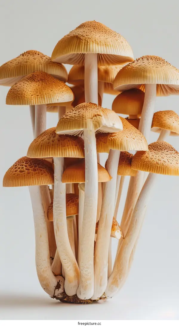 Cluster of brown mushrooms on white background