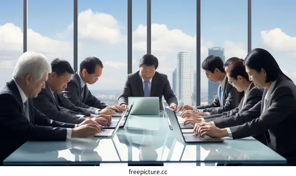 A group of people in suits are sitting around a table in a conference room working on their laptops.