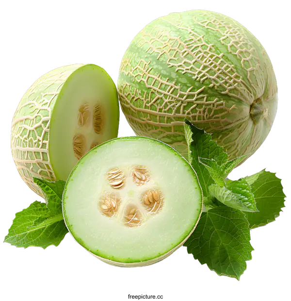 [Transparent Background PNG]Whole and half green melons with leaves