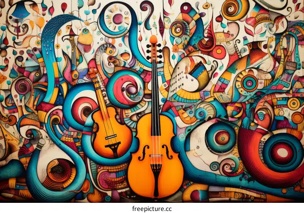 Colorful abstract painting of a violin with musical notes and other abstract elements
