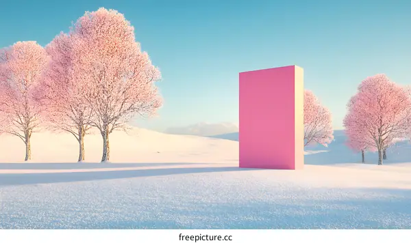 Pink Wall in Snowy Landscape with Pink Trees