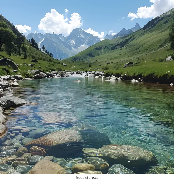 rocks in a river with snow capped mountains in the distance