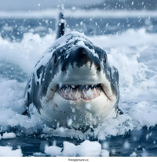 Great White Shark Surfacing in Snow