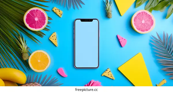 Summer Phone Mockup with Fruits and Palm Leaves