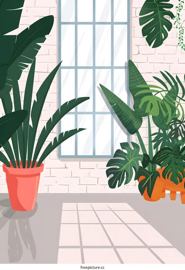 Green Plants Near Window Indoor Background Illustration