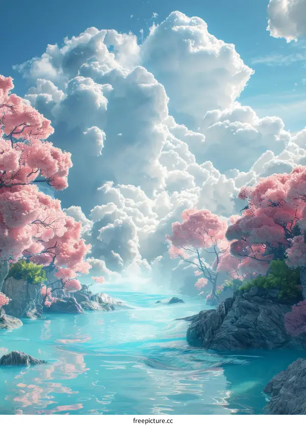 A Serene Dreamlike River Valley with Pink Blossoms and Clouds