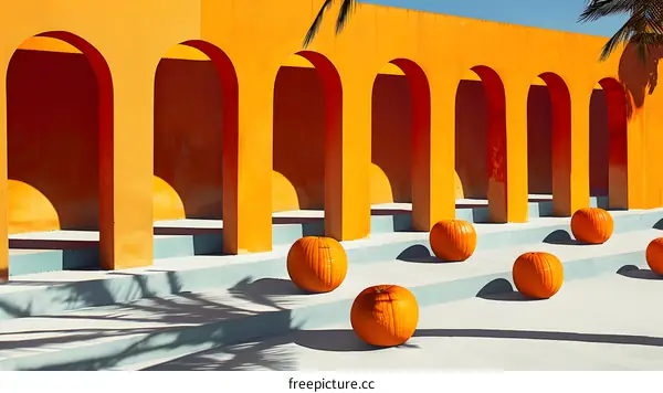Orange Wall With Arched Openings And Pumpkins