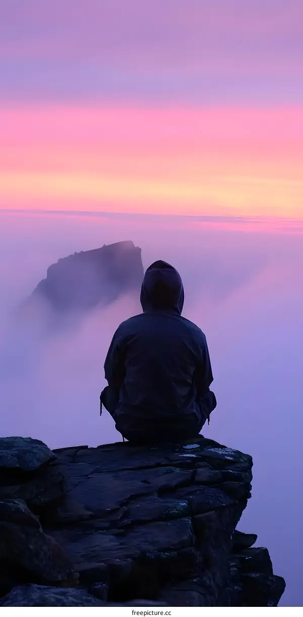 Man in Hoodie Looking at the Sunset Over the Clouds