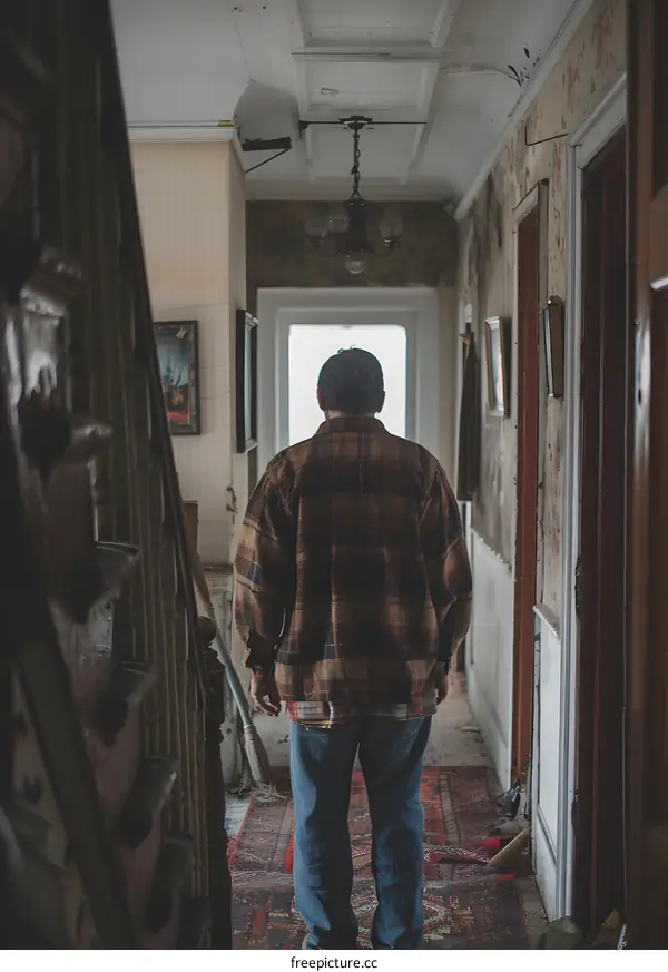 Man in a plaid shirt standing in a hallway
