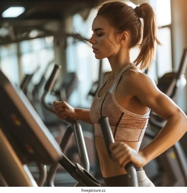 Young athletic woman exercising on a cross trainer in a gym