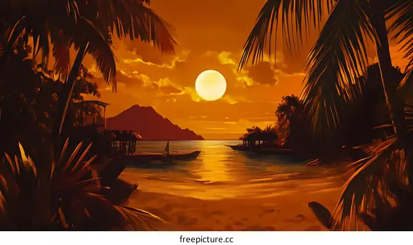 Sunset Beach with Palm Trees and a Full Moon
