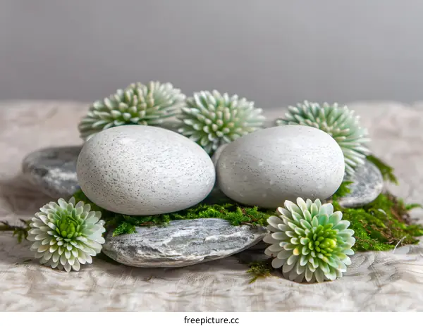 Spa Stones and Green Flowers on Moss and Linen